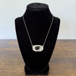 Vintage Sterling Silver Abstract Onyx Cabochon Pendant Necklace 925 Artisan